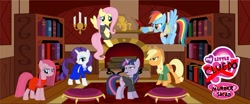 Size: 900x373 | Tagged: safe, imported from derpibooru, applejack, fluttershy, pinkie pie, rainbow dash, rarity, twilight sparkle, clue, cluedo, colonel mustard, color, crossover, logo parody, mane six, miss scarlet, mr. green, mrs. peacock, mrs. white, my little pony logo, professor plum
