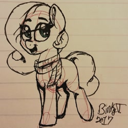 Size: 1815x1815 | Tagged: safe, artist:binkyt11, derpibooru exclusive, imported from derpibooru, oc, oc only, oc:terra flora, pony, blank flank, clothes, female, filly, lined paper, monochrome, partial color, scarf, solo, traditional art