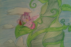 Size: 1792x1200 | Tagged: safe, artist:fergarcia220, imported from derpibooru, twilight sparkle, twilight sparkle (alicorn), alicorn, fanart mashup challenge, female, jack and the beanstalk, solo, traditional art, writing