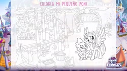 Size: 1920x1080 | Tagged: safe, imported from derpibooru, spike, twilight sparkle, alicorn, dragon, pony, my little pony: the movie, canterlot, coloring page, my little pony logo, spanish, twilight sparkle (alicorn)