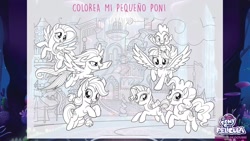 Size: 1920x1080 | Tagged: safe, imported from derpibooru, applejack, fluttershy, pinkie pie, rainbow dash, rarity, spike, twilight sparkle, alicorn, dragon, pony, my little pony: the movie, coloring page, mane seven, mane six, my little pony logo, spanish, twilight sparkle (alicorn)