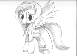 Size: 3507x2550 | Tagged: safe, artist:taurson, imported from derpibooru, fluttershy, pony, clothes, female, inktober, monochrome, mouth hold, solo, traditional art