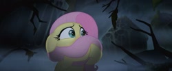 Size: 1920x800 | Tagged: safe, imported from derpibooru, screencap, fluttershy, my little pony: the movie, female, fog, forest, hippogriffia, scared, solo