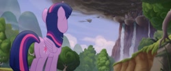 Size: 1920x800 | Tagged: safe, imported from derpibooru, screencap, twilight sparkle, alicorn, pony, my little pony: the movie, airship, butt, canterlot, canterlot castle, cloud, dark cloud, female, invasion, mare, plot, sad, smoke, solo, storm king's ship, twilight sparkle (alicorn), waterfall