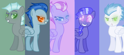 Size: 1693x754 | Tagged: safe, artist:windwing2, imported from derpibooru, nightshade, oc, oc:blueball blitz, oc:charger, oc:starry skies, oc:stratus, pegasus, pony, base used, glowing eyes, shadowbolts, smiling