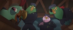 Size: 1920x800 | Tagged: safe, imported from derpibooru, screencap, boyle, lix spittle, mullet (character), murdock, parrot pirates, my little pony: the movie, cap, clothes, eyepatch, fork, hat, mullet (g4), open mouth, pirate, prosthetic beak, squabble, storm king's messenger outfit, tongue out