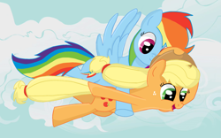 Size: 1679x1051 | Tagged: safe, artist:dsfranch, imported from derpibooru, applejack, rainbow dash, pony, flying, holding a pony