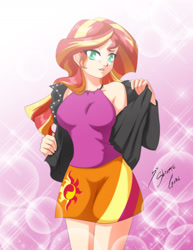 Size: 2153x2786 | Tagged: safe, artist:shinta-girl, imported from derpibooru, sunset shimmer, human, equestria girls, rainbow rocks, adorasexy, clothes, cute, human coloration, jacket, leather jacket, sexy, shimmerbetes