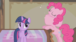 Size: 1280x720 | Tagged: safe, imported from derpibooru, screencap, pinkie pie, twilight sparkle, unicorn, season 1, swarm of the century, great moments in animation, swallowing, throat bulge, unicorn twilight, wat