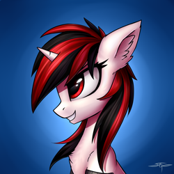 Size: 3000x3000 | Tagged: safe, artist:setharu, imported from derpibooru, oc, oc only, oc:blackjack, pony, unicorn, fallout equestria, bust, chest fluff, ear fluff, female, grin, mare, portrait, profile, signature, smiling, solo