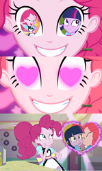 Size: 1280x2152 | Tagged: safe, imported from derpibooru, pinkie pie, twilight sparkle, coinky-dink world, eqg summertime shorts, equestria girls, rainbow rocks, exploitable meme, female, heart eyes, lesbian, meme, pinkie's eyes, server pinkie pie, shipper pie, shipping, thinking, twinkie, wingding eyes