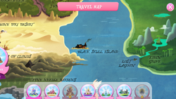 Size: 1280x720 | Tagged: safe, imported from derpibooru, my little pony: the movie, black skull island, bone dry desert, gameloft, kirin grove, lost lagoon, map, map of equestria, pine needle barrens