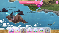 Size: 1280x720 | Tagged: safe, imported from derpibooru, my little pony: the movie, basalt beach, gameloft, great iceberg barrier, map, map of equestria, pine needle barrens, slug troll swamp, storm king's realm