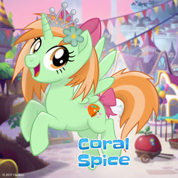 Size: 1080x1080 | Tagged: safe, imported from derpibooru, oc, oc only, oc:coral spice, alicorn, my little pony: the movie, alicorn oc, bow, crown, flower, flower in hair, hair bow, jewelry, mlp movie pony maker, regalia, solo, tail bow, tiara