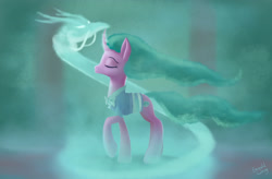 Size: 3500x2300 | Tagged: safe, artist:emeraldgalaxy, imported from derpibooru, mistmane, dragon, pony, unicorn, campfire tales, clothes, curved horn, dragon spirit, ethereal mane, eyes closed, female, high res, magic, mare, solo