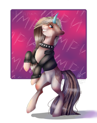 Size: 1500x1900 | Tagged: safe, artist:kokona-haruto, imported from derpibooru, oc, oc only, oc:sapphire cryst, pony, unicorn, clothes, collar, cyrillic, female, looking at you, russian, smiling, solo, vest