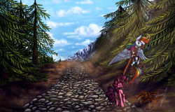 Size: 1200x770 | Tagged: safe, artist:shivannie, imported from derpibooru, pinkie pie, rainbow dash, earth pony, pegasus, pony, clothes, female, flying, mare, mountain, path, scenery, serious, serious face, skyrim, smiling, sword, the elder scrolls, tree, weapon