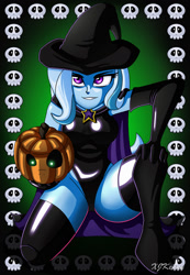 Size: 1000x1444 | Tagged: safe, artist:xjkenny, imported from derpibooru, trixie, equestria girls, boots, clothes, female, gloves, halloween, holiday, jack-o-lantern, leotard, long gloves, pumpkin, shoes, solo, thigh boots, witch