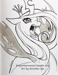 Size: 921x1179 | Tagged: safe, artist:alienfirst, imported from derpibooru, queen chrysalis, changeling, changeling queen, crown, female, grayscale, jewelry, monochrome, open mouth, regalia, sharp teeth, solo, teeth, traditional art