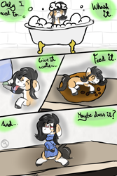 Size: 2000x3000 | Tagged: safe, artist:euspuche, imported from derpibooru, oc, oc only, oc:liliya krasnyy, earth pony, pony, comic:li'l pony, bath, bathroom, comic, drinking, eating, looking at you, sitting, washing