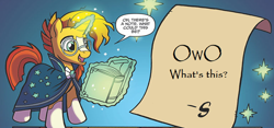 Size: 768x360 | Tagged: safe, artist:tonyfleecs, edit, idw, imported from derpibooru, sunburst, unicorn, legends of magic, spoiler:comic, spoiler:comiclom7, book, glasses, magic, male, owo, solo, speech bubble