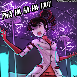 Size: 750x750 | Tagged: safe, artist:lumineko, imported from derpibooru, oc, oc only, oc:electra sparks, human, clothes, electricity, female, gloves, humanized, humanized oc, lab coat, laboratory, laughing, smiling, solo