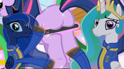 Size: 1280x720 | Tagged: safe, artist:2snacks, edit, edited screencap, imported from derpibooru, screencap, princess celestia, princess luna, twilight sparkle, alicorn, unicorn, two best sisters play, winter wrap up, butt, clothes, fallout, jumpsuit, plot, vault suit