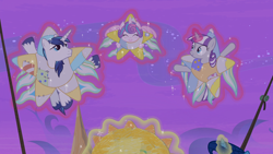 Size: 1920x1080 | Tagged: safe, imported from derpibooru, screencap, night light, princess flurry heart, shining armor, twilight velvet, alicorn, pony, once upon a zeppelin, airship, catasterism, clothes, costume, cute, father and daughter, father and son, female, flurrybetes, grandfather and grandchild, grandmother and grandchild, husband and wife, levitation, magic, majestic as fuck, male, mother and son, nightvelvet, northern star costume, self-levitation, telekinesis, zeppelin