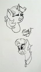 Size: 1836x3264 | Tagged: safe, artist:binkyt11, derpibooru exclusive, imported from derpibooru, raspberry sorbet, star tracker, pony, once upon a zeppelin, bust, female, grin, lanyard, lip bite, male, mare, monochrome, portrait, smiling, stallion, that was fast, traditional art, wavy mouth