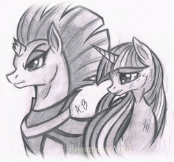 Size: 1652x1540 | Tagged: safe, artist:rossmaniteanzu, imported from derpibooru, tempest shadow, twilight sparkle, alicorn, pony, unicorn, my little pony: the movie, broken horn, crying, duo, female, grayscale, mare, monochrome, pencil drawing, simple background, traditional art, twilight sparkle (alicorn), white background