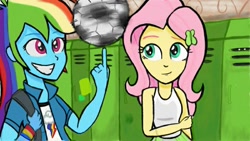 Size: 800x450 | Tagged: safe, artist:ickery, imported from derpibooru, fluttershy, rainbow dash, equestria girls, backpack, canterlot high, clothes, football, grin, lockers, multicolored hair, shirt, skirt, smiling, spinning, sports, tanktop