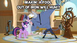 Size: 1024x576 | Tagged: safe, edit, edited screencap, imported from derpibooru, screencap, iron will, twilight sparkle, alicorn, minotaur, pony, once upon a zeppelin, captain hat, image macro, meme, twilight sparkle (alicorn)