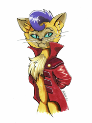 Size: 1600x2133 | Tagged: safe, artist:helmie-art, artist:helmie-d, imported from derpibooru, capper dapperpaws, abyssinian, anthro, cat, my little pony: the movie, chest fluff, clothes, male, simple background, slit eyes, slit pupils, solo, traditional art