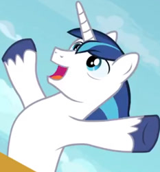 Size: 524x563 | Tagged: safe, imported from derpibooru, screencap, shining armor, pony, once upon a zeppelin, cropped, cute, happy, horn, male, pretending to fly, shining adorable, solo, unshorn fetlocks