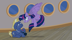 Size: 1920x1080 | Tagged: safe, imported from derpibooru, screencap, star tracker, twilight sparkle, alicorn, pony, once upon a zeppelin, airship, angry, camera, duo, flying, freckles, holding tail, injured, prone, scared, short tail, tail hold, twilight sparkle (alicorn), zeppelin