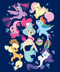 Size: 800x963 | Tagged: safe, artist:xkappax, imported from derpibooru, applejack, fluttershy, pinkie pie, princess skystar, rainbow dash, rarity, spike, twilight sparkle, twilight sparkle (alicorn), alicorn, puffer fish, seapony (g4), my little pony: the movie, clothes, mane seven, mane six, merchandise, seaponified, seapony applejack, seapony fluttershy, seapony pinkie pie, seapony rainbow dash, seapony rarity, seapony twilight, shirt, species swap, spike the pufferfish, t-shirt