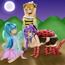 Size: 2300x2300 | Tagged: safe, artist:focusb, imported from derpibooru, adagio dazzle, aria blaze, sonata dusk, bee, butterfly, human, ladybug, armpits, barefoot, choker, clothes, costume, feet, female, flower, gloves, halloween, holiday, humanized, midriff, socks, stockings, the dazzlings, thigh highs