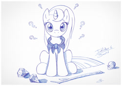 Size: 1073x759 | Tagged: safe, artist:sherwoodwhisper, imported from derpibooru, oc, oc only, oc:eri, pony, snail, unicorn, crystal, female, filly, inktober, inktober 2017, monochrome, question mark, solo, traditional art, tree branch