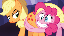 Size: 1920x1080 | Tagged: safe, imported from derpibooru, screencap, applejack, pinkie pie, earth pony, pony, shadow play, applebutt, applejack is not amused, butt touch, butthug, context is for the weak, cowboy hat, faceful of ass, faic, female, fetish fuel, hat, hug, lidded eyes, looking back, mare, out of context, pinkie hugging applejack's butt, plot, raised eyebrow, stetson, unamused, you know for kids