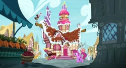 Size: 962x524 | Tagged: safe, imported from derpibooru, screencap, berry punch, carrot top, derpy hooves, golden harvest, lightning bolt, sassaflash, white lightning, season 7, secrets and pies, carrot, food, opening, ponyville, sugarcube corner
