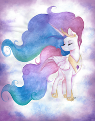 Size: 1024x1303 | Tagged: safe, artist:mindlesssketching, imported from derpibooru, princess celestia, pony, eyes closed, female, solo, traditional art, watercolor painting