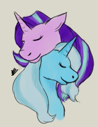 Size: 517x668 | Tagged: safe, artist:sarcastictrixie, imported from derpibooru, starlight glimmer, trixie, pony, unicorn, eyes closed, female, lesbian, neck nuzzle, nuzzling, shipping, simple background, smiling, startrix