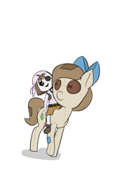 Size: 2000x2828 | Tagged: safe, artist:happy harvey, imported from derpibooru, oc, oc only, oc:raggie, oc:yarsi, doll pony, hagwarders, original species, plush pony, pony, bandana, belt, boots, bow, carrying, clothes, colored, cute, doll, drawn on phone, eyepatch, hair bow, horsebackriding, living object, looking at each other, non-mlp oc, patch, phone drawing, pirate, plushie, riding, shadow, shirt, shoes, shorts, simple background, smiling, toy, vest, walking, white background