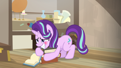 Size: 1920x1080 | Tagged: safe, imported from derpibooru, screencap, starlight glimmer, pony, unicorn, uncommon bond, blushing, book, female, mare, solo