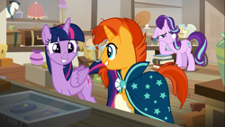 Size: 1366x768 | Tagged: safe, imported from derpibooru, screencap, starlight glimmer, sunburst, twilight sparkle, alicorn, uncommon bond, antique store, bored, looking at each other, smiling, twilight sparkle (alicorn)