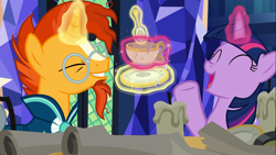 Size: 1366x768 | Tagged: safe, imported from derpibooru, screencap, sunburst, twilight sparkle, alicorn, pony, uncommon bond, antique, cup, duo, eyes closed, female, glowing horn, magic, male, mare, open mouth, stallion, teacup, telekinesis, that pony sure does love antiques, twilight sparkle (alicorn)