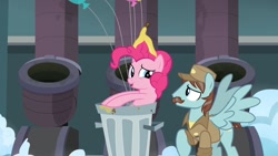 Size: 1280x720 | Tagged: safe, imported from derpibooru, screencap, pinkie pie, pegasus, pony, secrets and pies, background pony, balloon, cloud, cloudsdale, janitor, messy, raised eyebrow, trash, trash can, unnamed character, unnamed pony