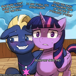 Size: 750x750 | Tagged: safe, artist:lumineko, imported from derpibooru, star tracker, twilight sparkle, alicorn, earth pony, pony, once upon a zeppelin, blushing, dialogue, female, floppy ears, grammar error, help me, looking away, male, one sided shipping, pun, raised hoof, shipping, starboarding, straight, stuttering, sweat, twilight sparkle (alicorn), twitracker