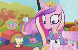 Size: 1105x706 | Tagged: safe, imported from derpibooru, screencap, cloudy winds, coconut palm, cotton chip, cranberry pit, cream puff, grape stem, princess cadance, princess flurry heart, pony, once upon a zeppelin, babies, baby, baby ponies, baby pony, daughter, female, foal, levitation, magic, mother, mother and daughter, telekinesis