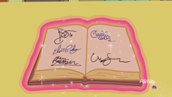 Size: 1366x768 | Tagged: safe, imported from derpibooru, screencap, twilight sparkle, once upon a zeppelin, alan rickman, autograph, book, celine dion, david bowie, discovery family logo, elvis presley, magic, signature